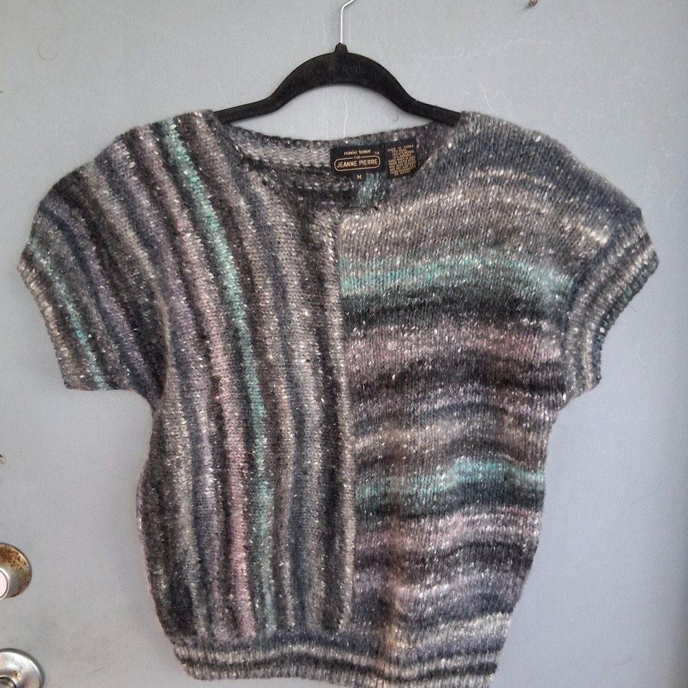 Vintage 80s Wool Mohair Angora Striped Sweater Grey Pink Aqua M